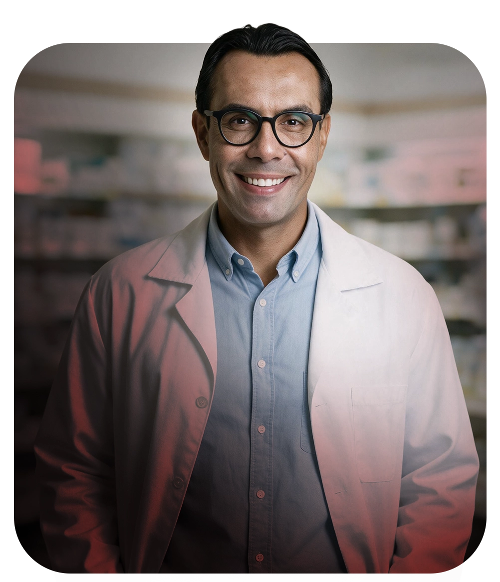 Prof. Thiago de Melo Costa Pereira, farmacêutico, de jaleco em uma farmácia